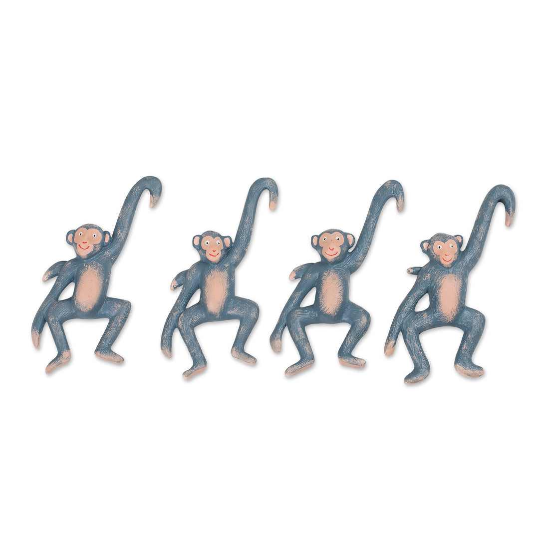 Set of 4 Hand-Painted Blue Albesia Wood Monkey Ornaments - Gleeful Jungle