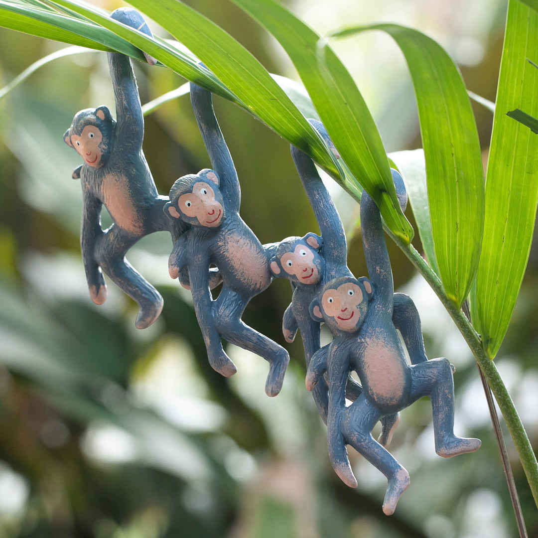 Set of 4 Hand-Painted Blue Albesia Wood Monkey Ornaments - Gleeful Jungle