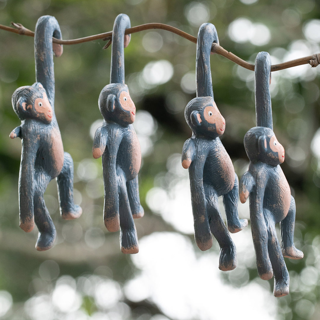 Set of 4 Hand-Painted Blue Albesia Wood Monkey Ornaments - Gleeful Jungle