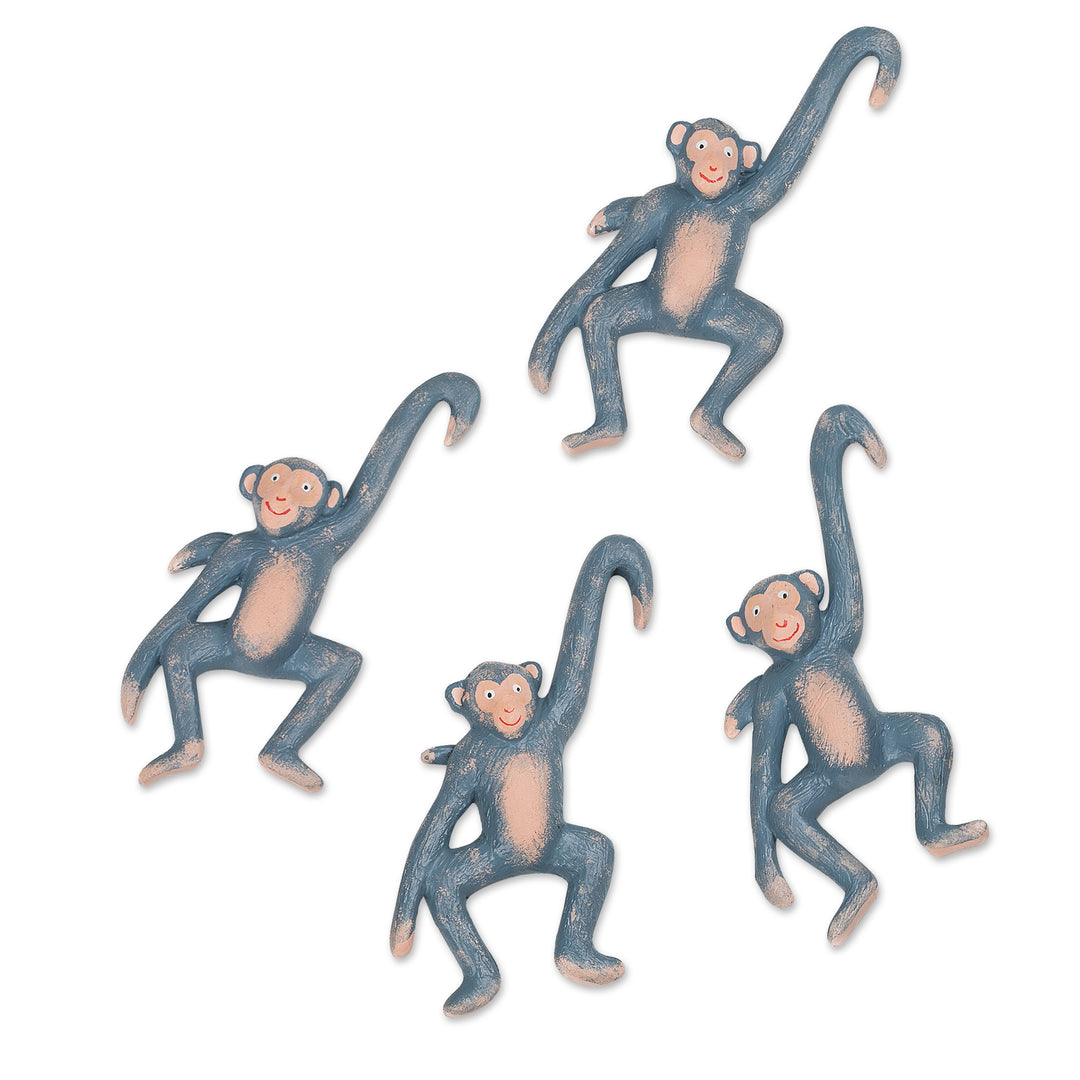Set of 4 Hand-Painted Blue Albesia Wood Monkey Ornaments - Gleeful Jungle