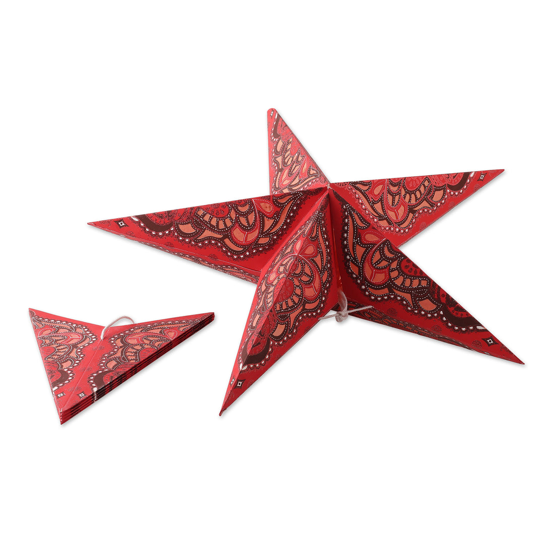 Pair of Handcrafted Red Paper Star Wall Accents with Glitter - Stellar Crimson