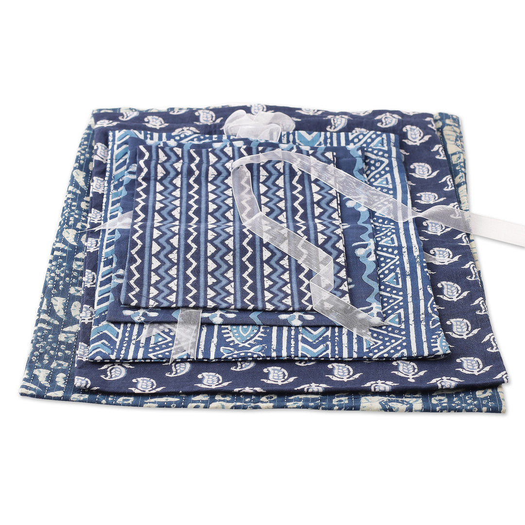 Set of 5 Blue Cotton Gift Pouches with Organza Drawstring - Charmed Blue