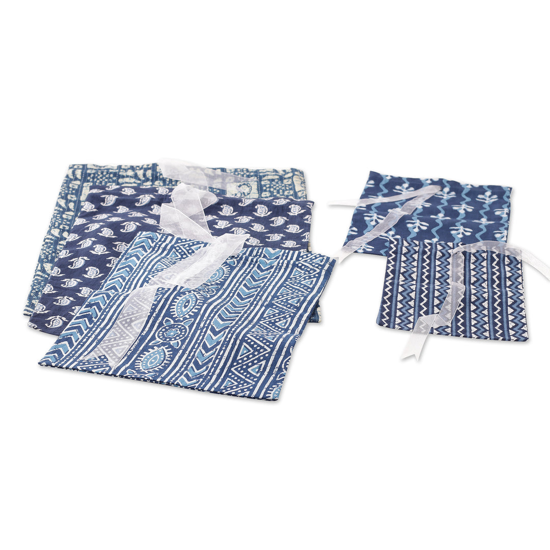 Set of 5 Blue Cotton Gift Pouches with Organza Drawstring - Charmed Blue