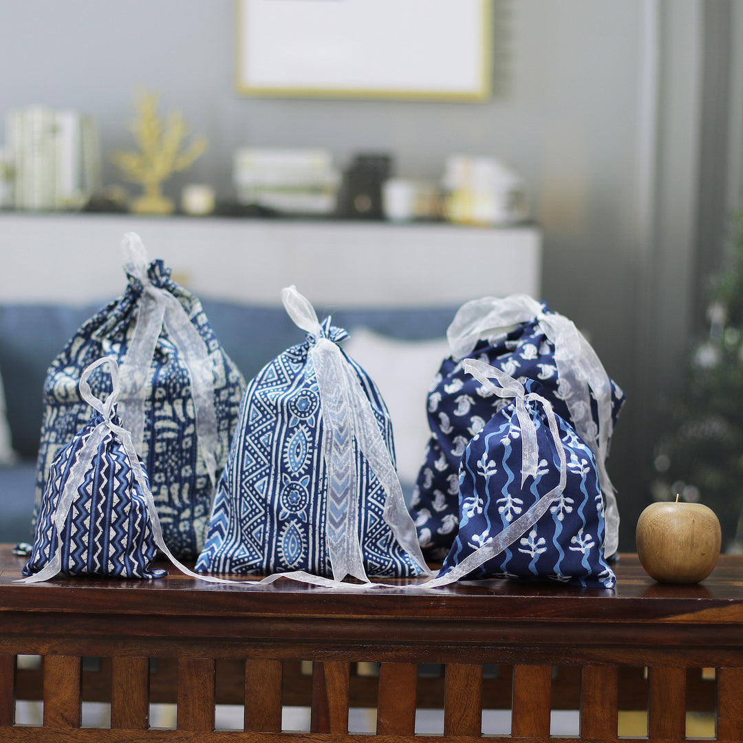 Set of 5 Blue Cotton Gift Pouches with Organza Drawstring - Charmed Blue