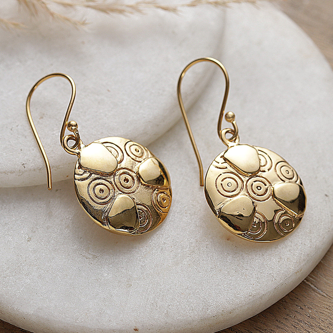 Brass Dangle Earrings with Engraved Patterns from India - Symphony of Balance