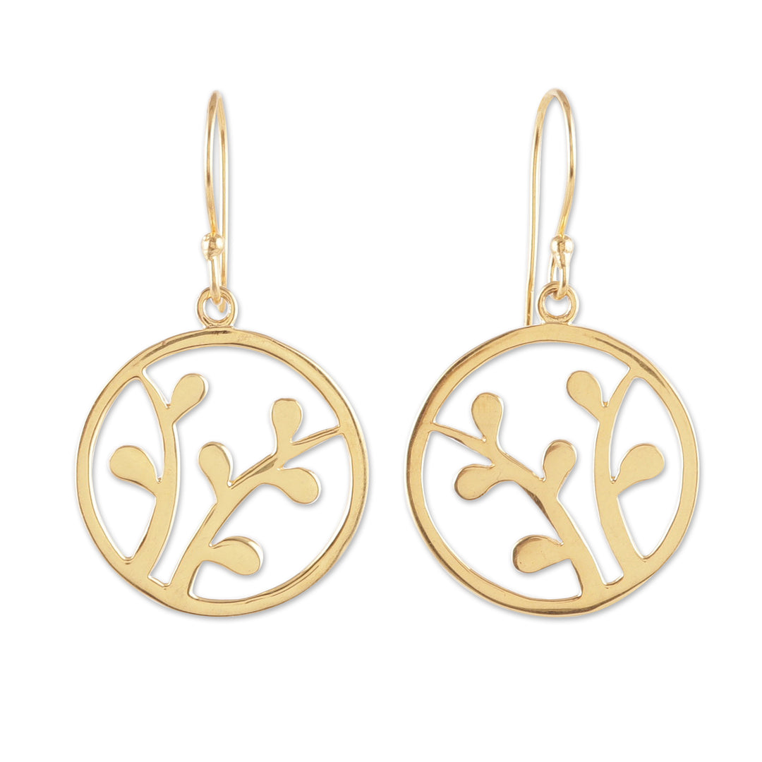 High-Polished Round Leafy Brass Dangle Earrings from India - Era of Verdure
