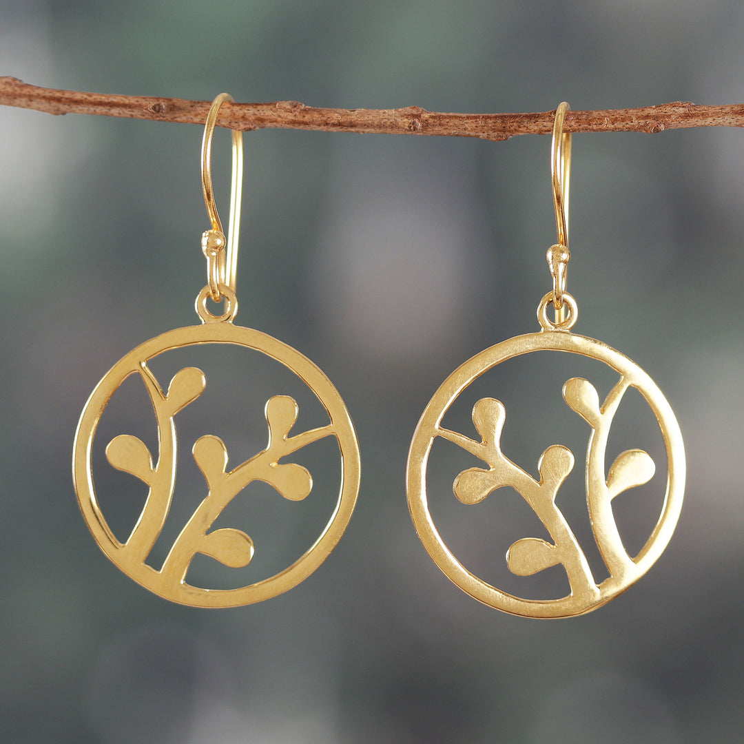 High-Polished Round Leafy Brass Dangle Earrings from India - Era of Verdure
