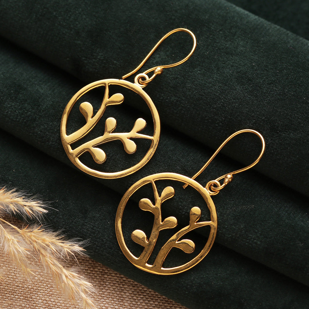 High-Polished Round Leafy Brass Dangle Earrings from India - Era of Verdure