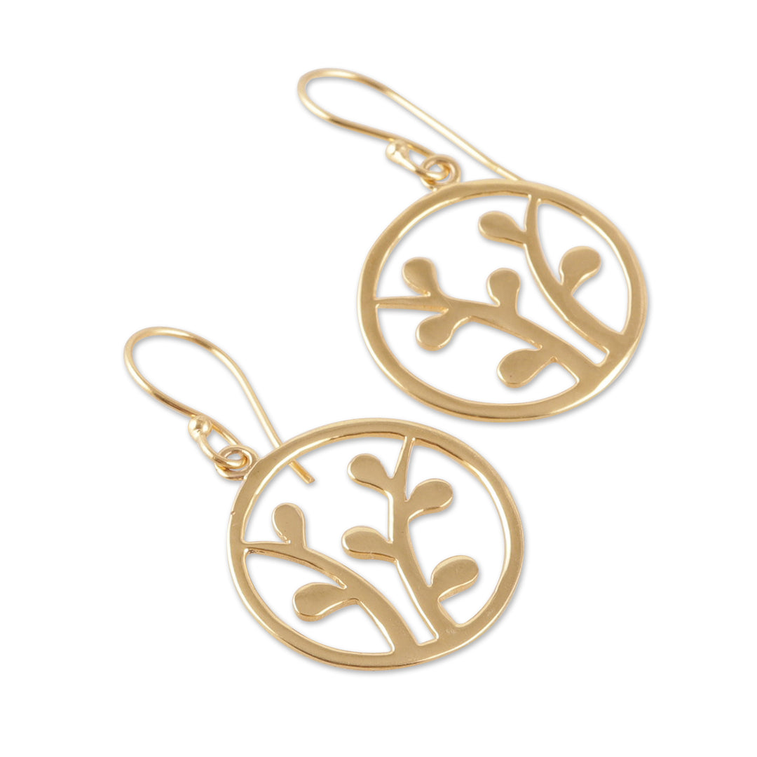 High-Polished Round Leafy Brass Dangle Earrings from India - Era of Verdure