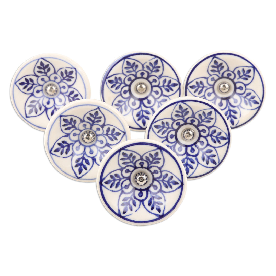 Set of 6 Handcrafted Floral Ceramic Knobs in a Blue Hue - Blue Spring