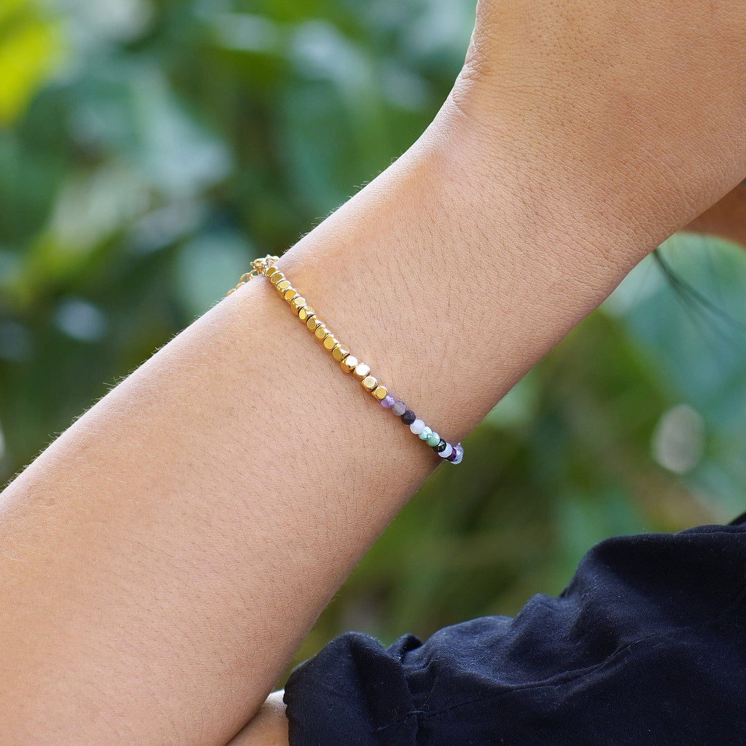 18k Gold-Plated Brass and Fluorite Beaded Bracelet from Bali - Paradise Rainbow