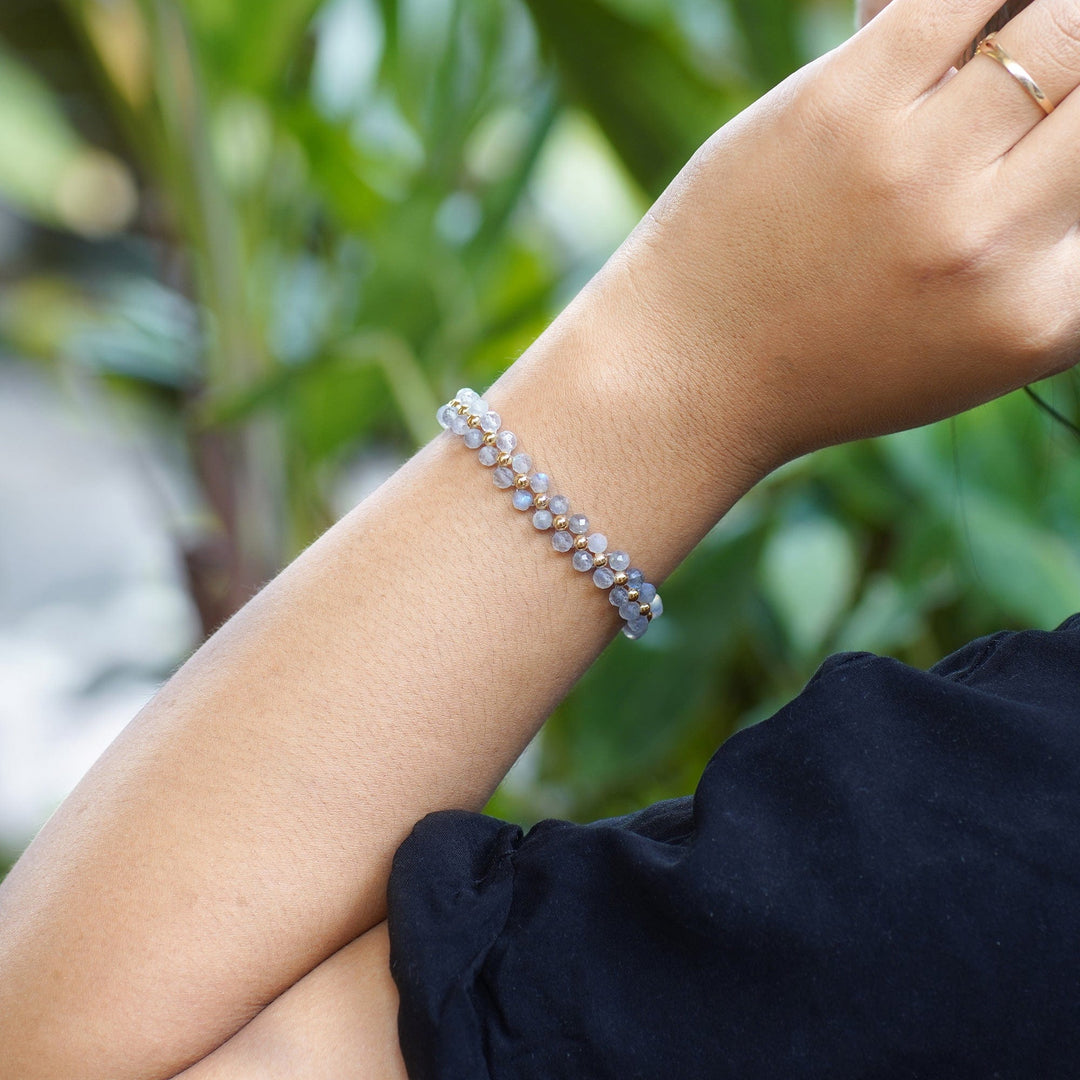 Gold-Accented Adjustable Rainbow Moonstone Beaded Bracelet - Moon Splendor