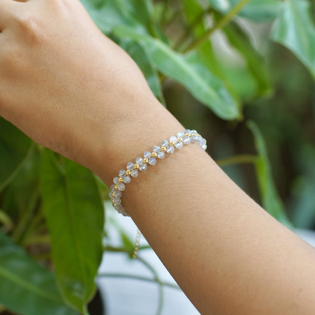 Gold-Accented Adjustable Rainbow Moonstone Beaded Bracelet - Moon Splendor