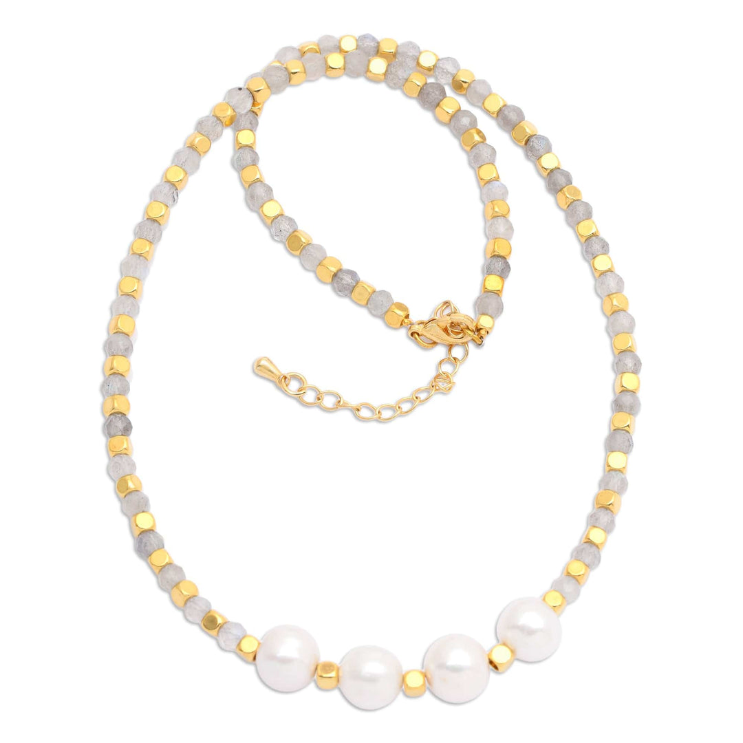 18k Gold-Plated Rainbow Moonstone and White Pearl Necklace - Queen's Mist