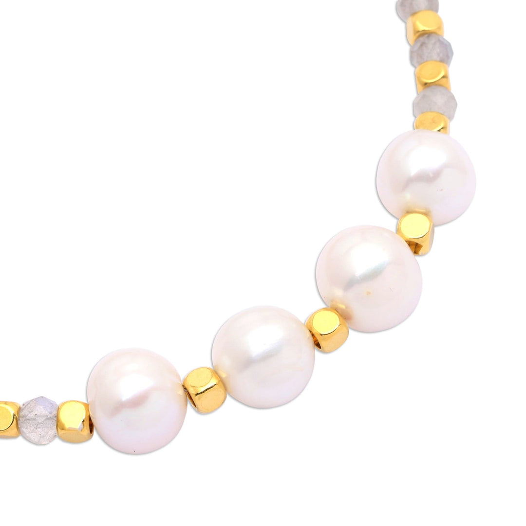 18k Gold-Plated Rainbow Moonstone and White Pearl Necklace - Queen's Mist