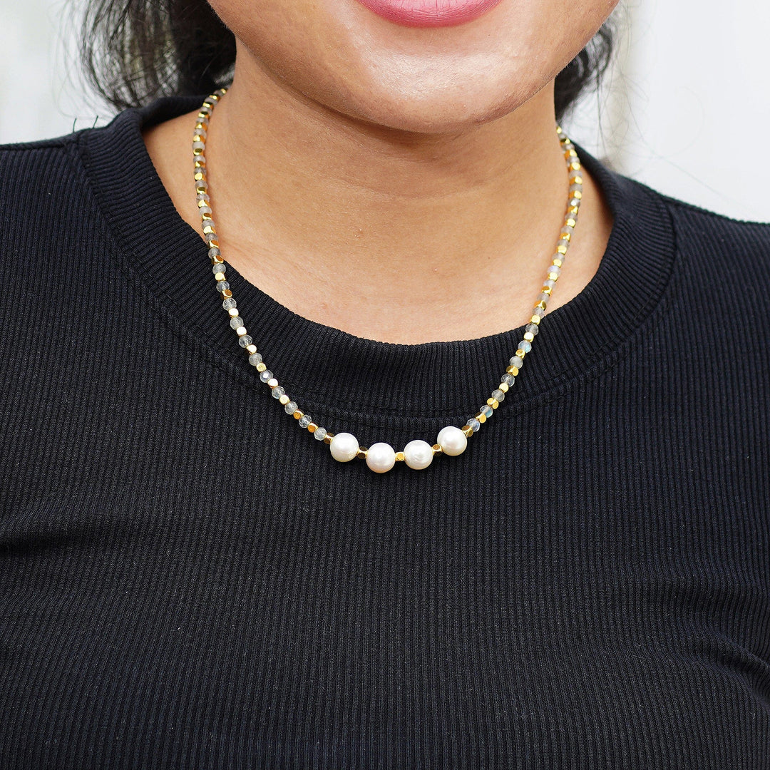 18k Gold-Plated Rainbow Moonstone and White Pearl Necklace - Queen's Mist