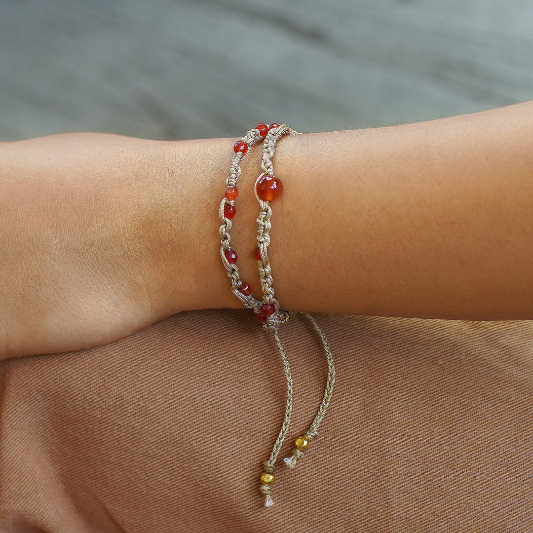 Carnelian Beaded Macrame Wrap Bracelet from Bali - Pure Flames