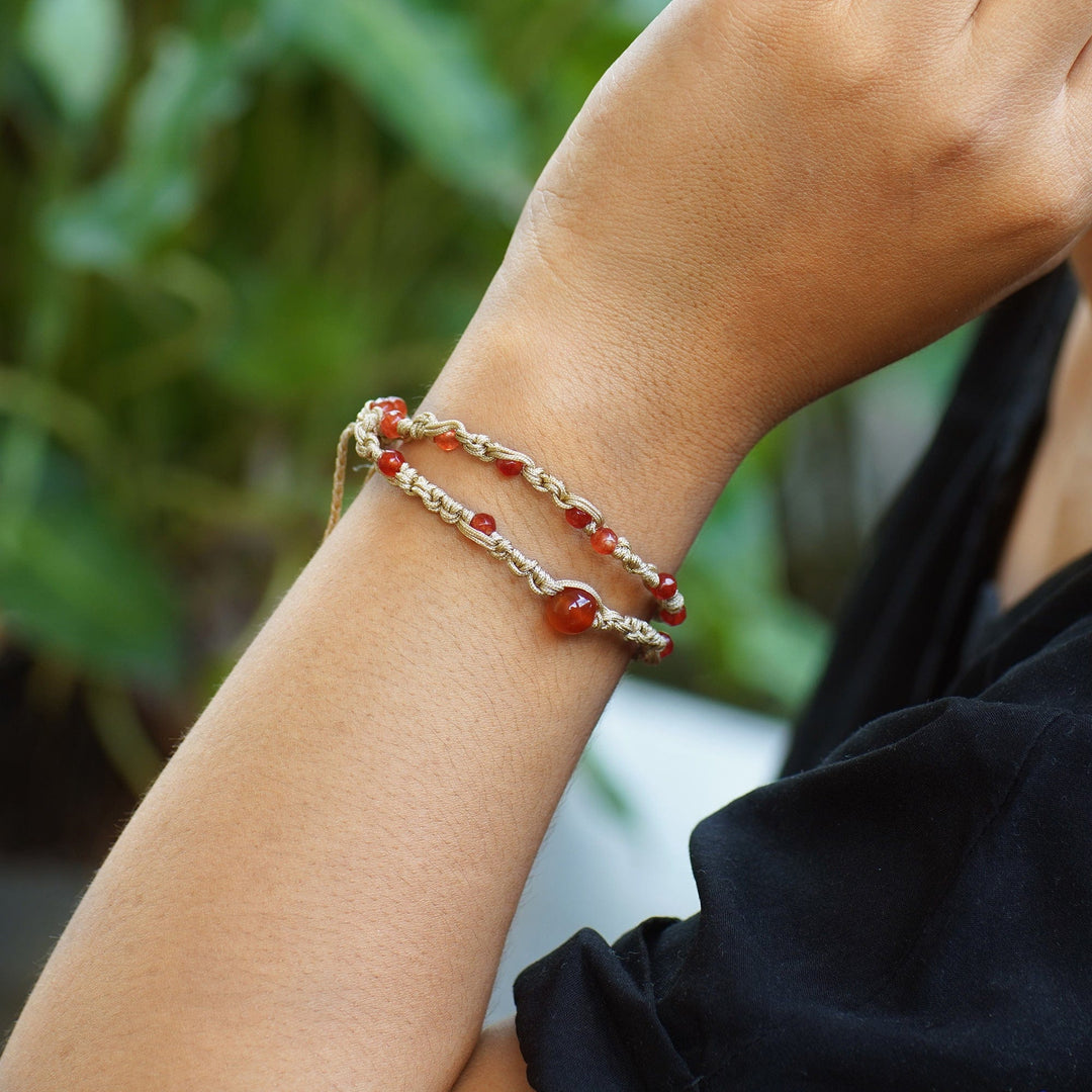 Carnelian Beaded Macrame Wrap Bracelet from Bali - Pure Flames