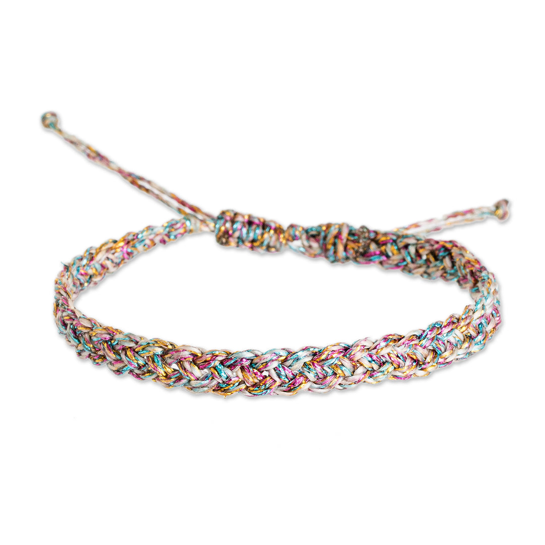 Grey Pink Light Blue Golden-Hued Macrame Wristband Bracelet - Chromatic Symphony