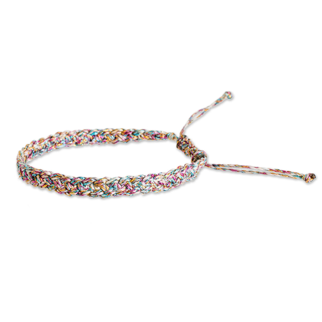 Grey Pink Light Blue Golden-Hued Macrame Wristband Bracelet - Chromatic Symphony