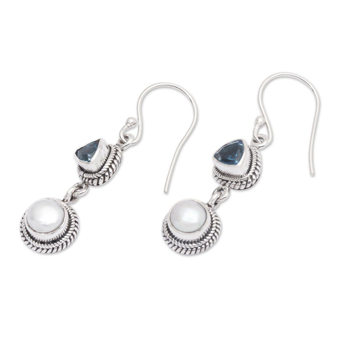 One-Carat Topaz and White Pearl Dangle Earrings from Bali - Ocean Waters