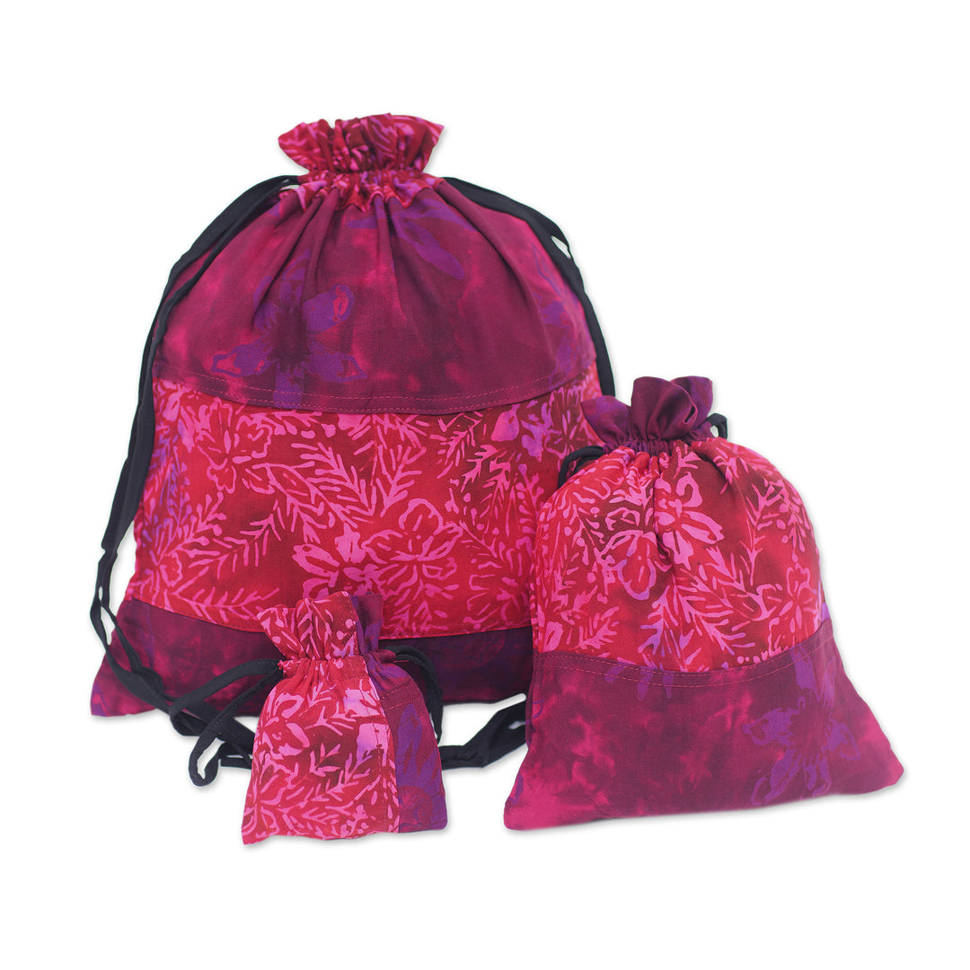 3 Upcycled Reusable Batik Drawstring Gift Pouches in Red - Cheerful Red