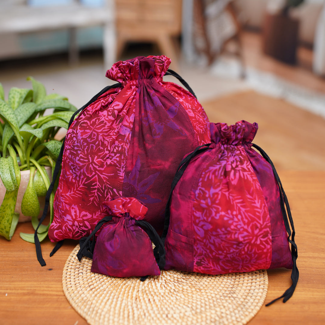 3 Upcycled Reusable Batik Drawstring Gift Pouches in Red - Cheerful Red