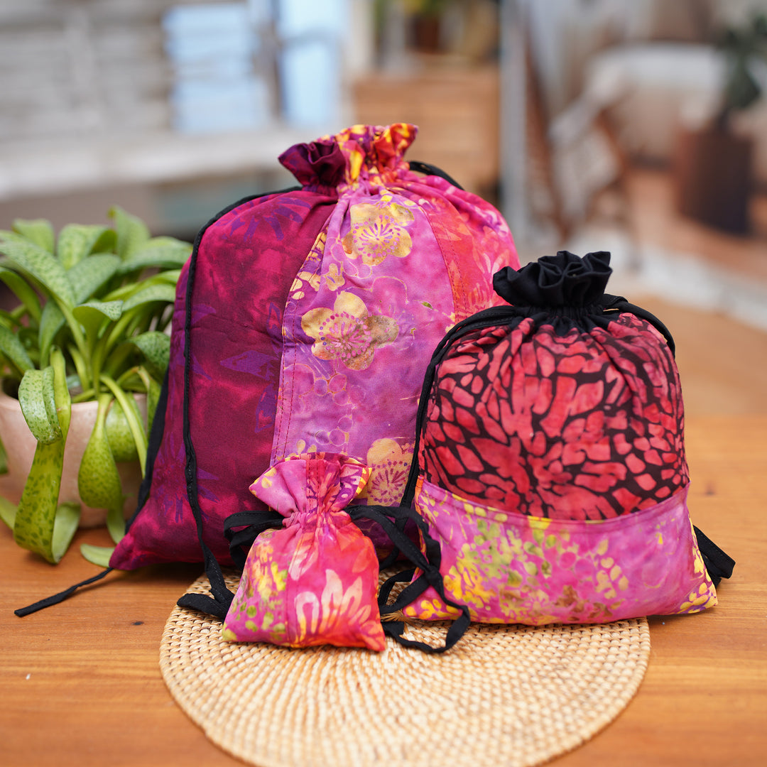 3 Upcycled Reusable Batik Drawstring Gift Pouches in Red - Cheerful Red
