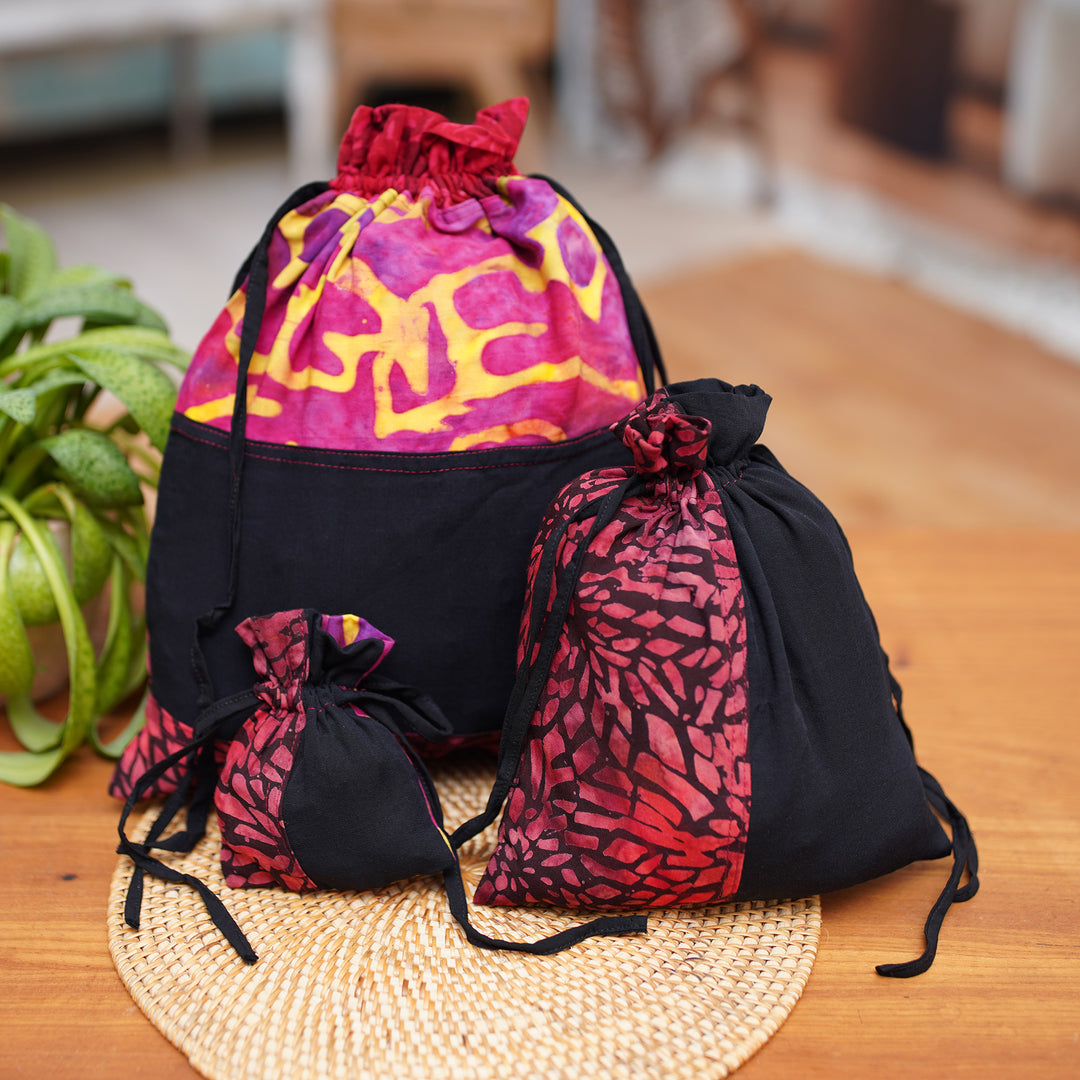 3 Upcycled Reusable Batik Drawstring Gift Pouches in Red - Cheerful Red