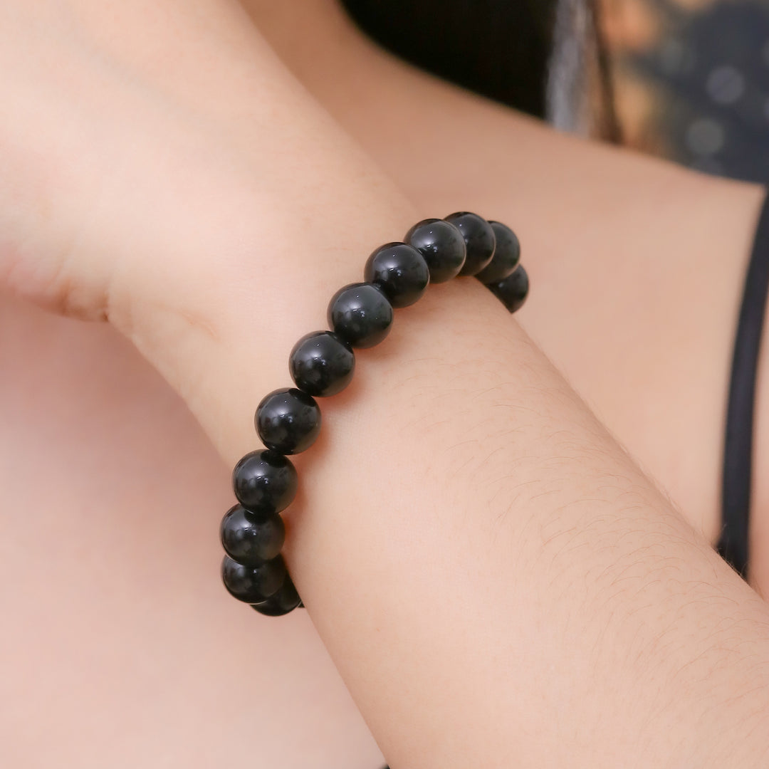 Handcrafted Obsidian Beaded Stretch Bracelet from Thailand - Dark Mist