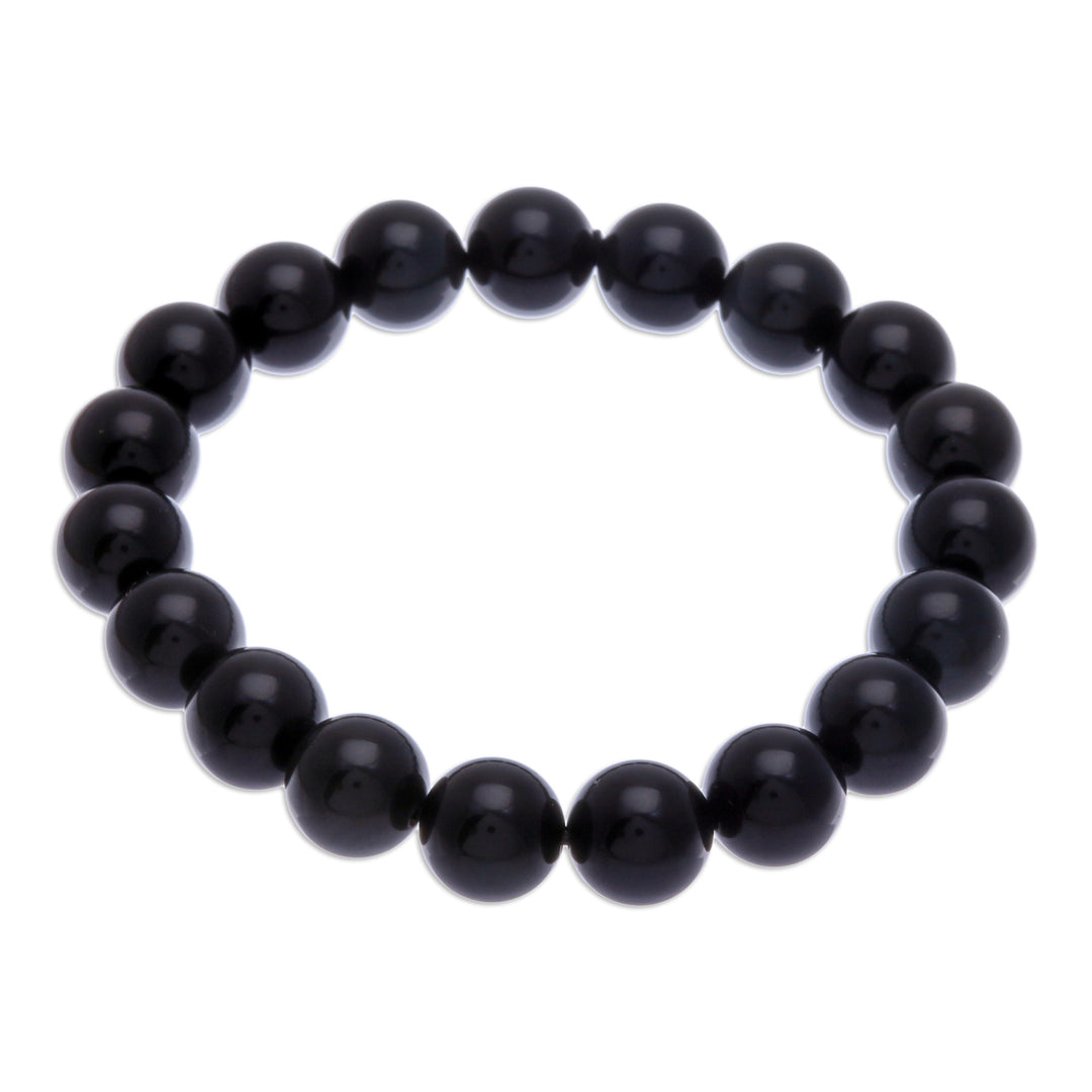 Handcrafted Obsidian Beaded Stretch Bracelet from Thailand - Dark Mist