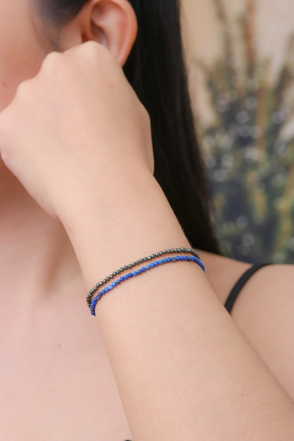 Pair of Lapis Lazuli and Pyrite Beaded Stretch Bracelets - Double Lux