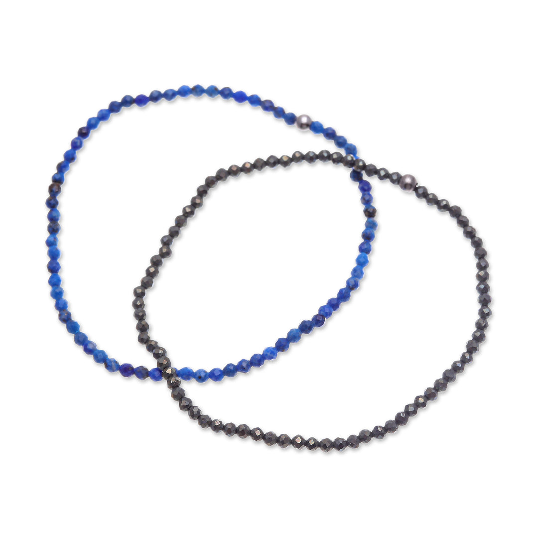 Pair of Lapis Lazuli and Pyrite Beaded Stretch Bracelets - Double Lux