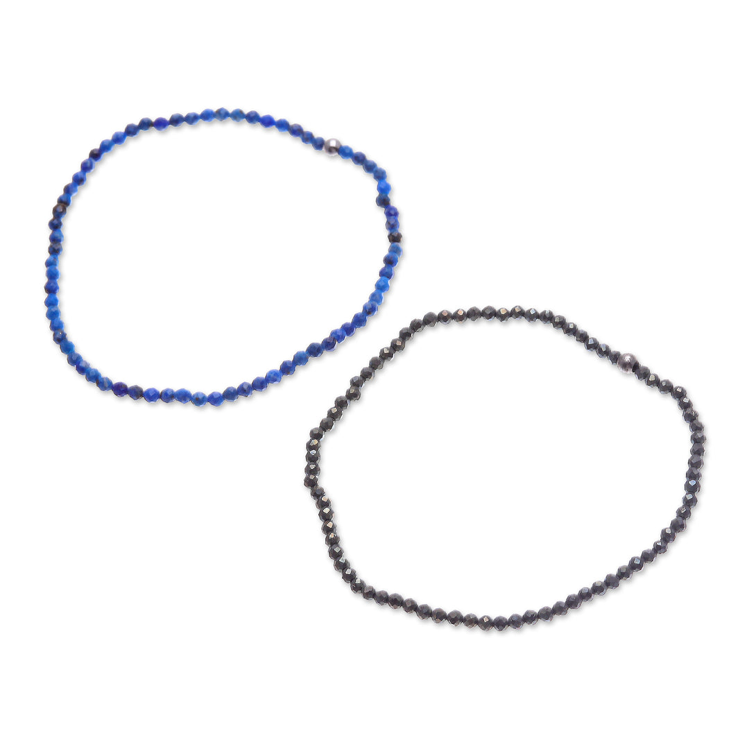 Pair of Lapis Lazuli and Pyrite Beaded Stretch Bracelets - Double Lux