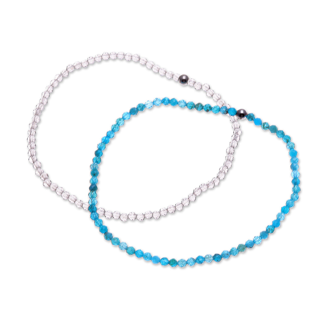 2 Handmade Apatite and Smoky Quartz Beaded Stretch Bracelets - Double Chic