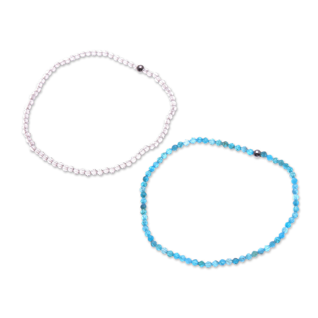 2 Handmade Apatite and Smoky Quartz Beaded Stretch Bracelets - Double Chic