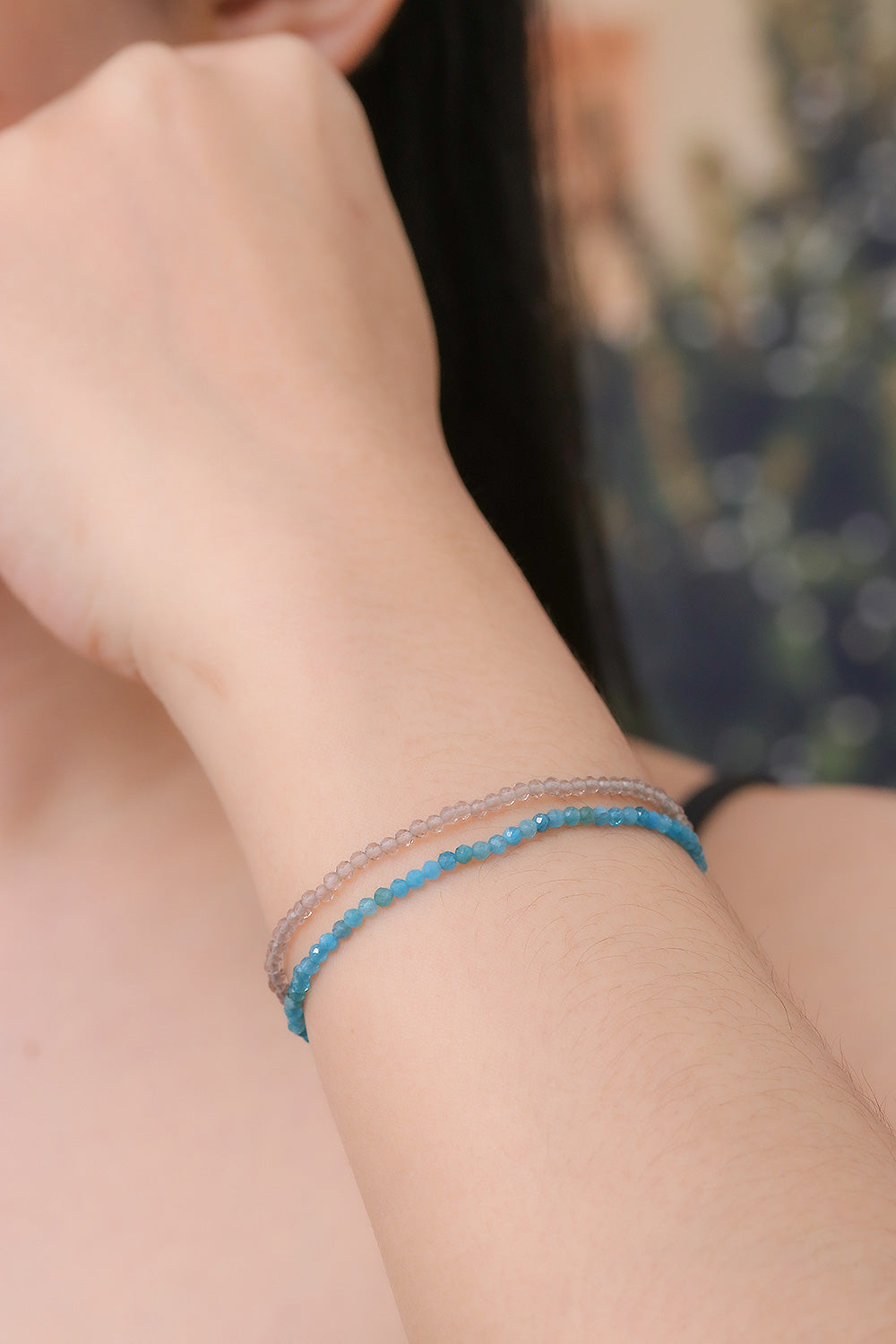 2 Handmade Apatite and Smoky Quartz Beaded Stretch Bracelets - Double Chic