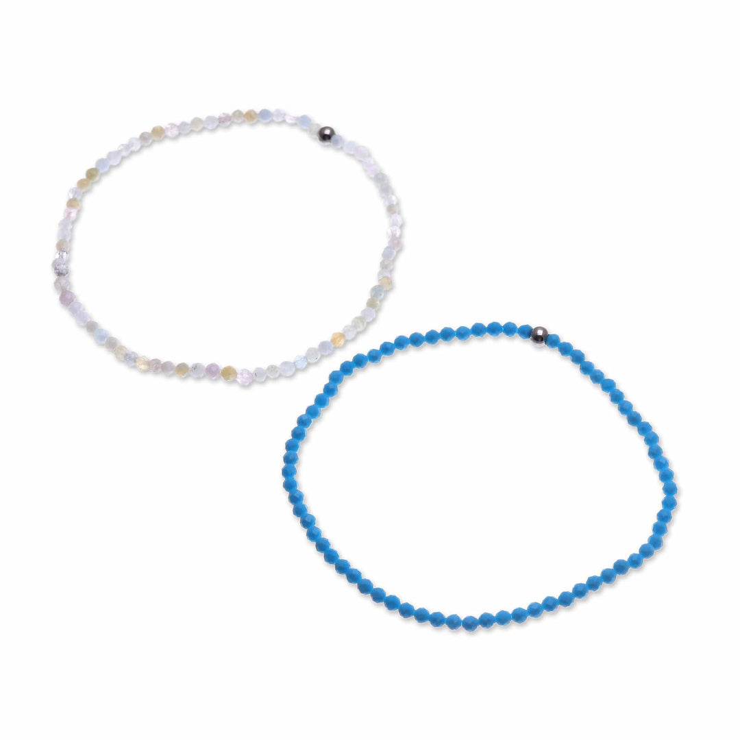 2 Moonstone Reconstituted Turquoise Beaded Stretch Bracelets - Double Glam
