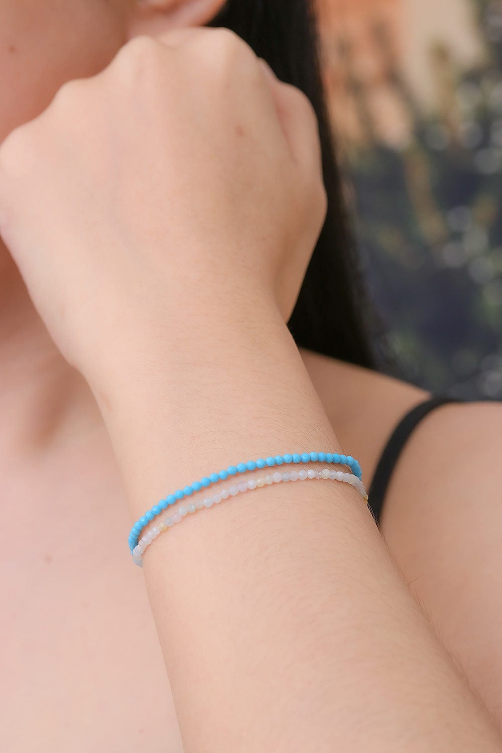 2 Moonstone Reconstituted Turquoise Beaded Stretch Bracelets - Double Glam