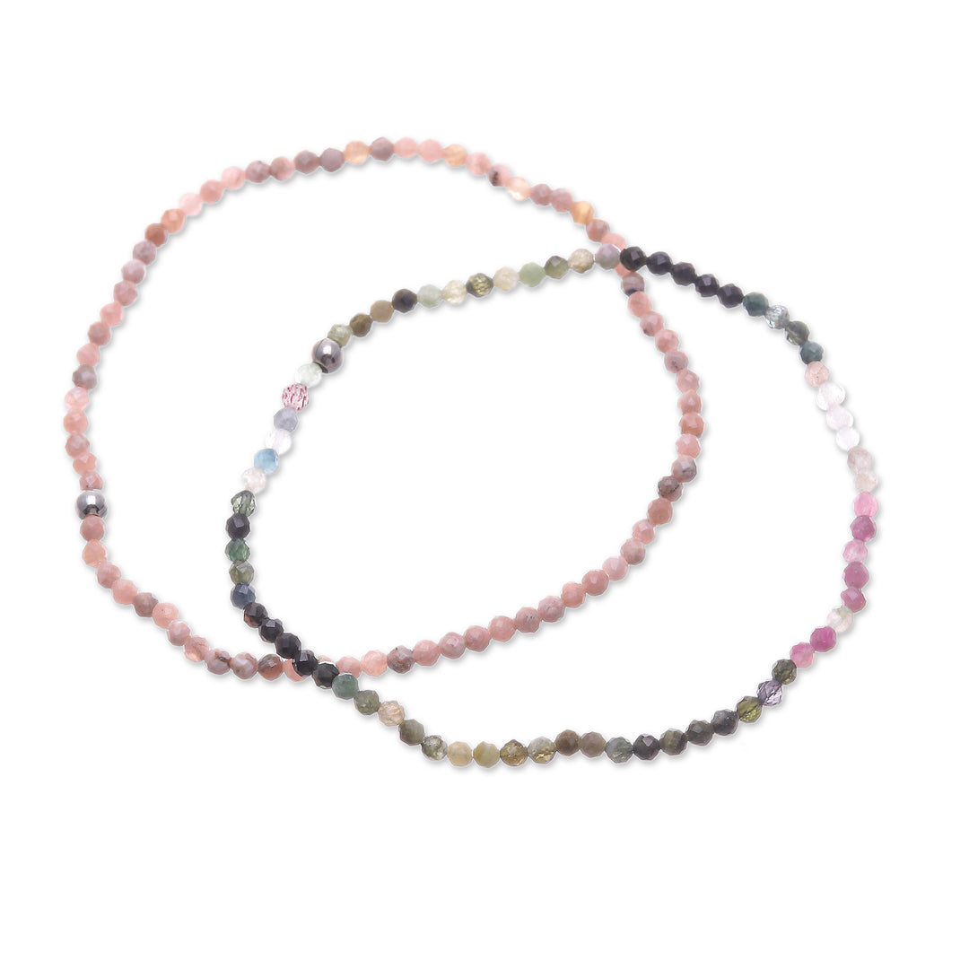 Pair of Rhodochrosite Tourmaline Beaded Stretch Bracelets - Double Spell