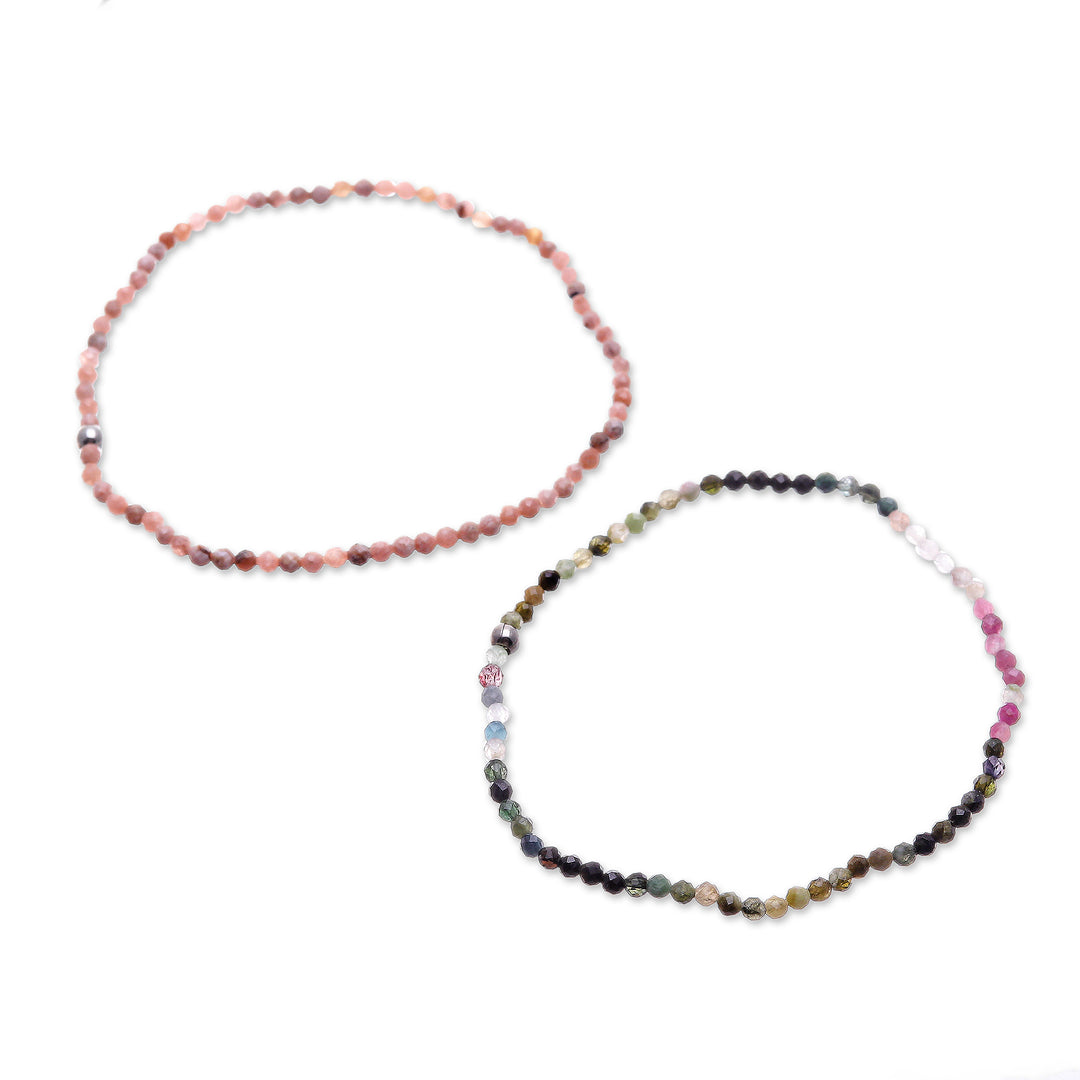 Pair of Rhodochrosite Tourmaline Beaded Stretch Bracelets - Double Spell