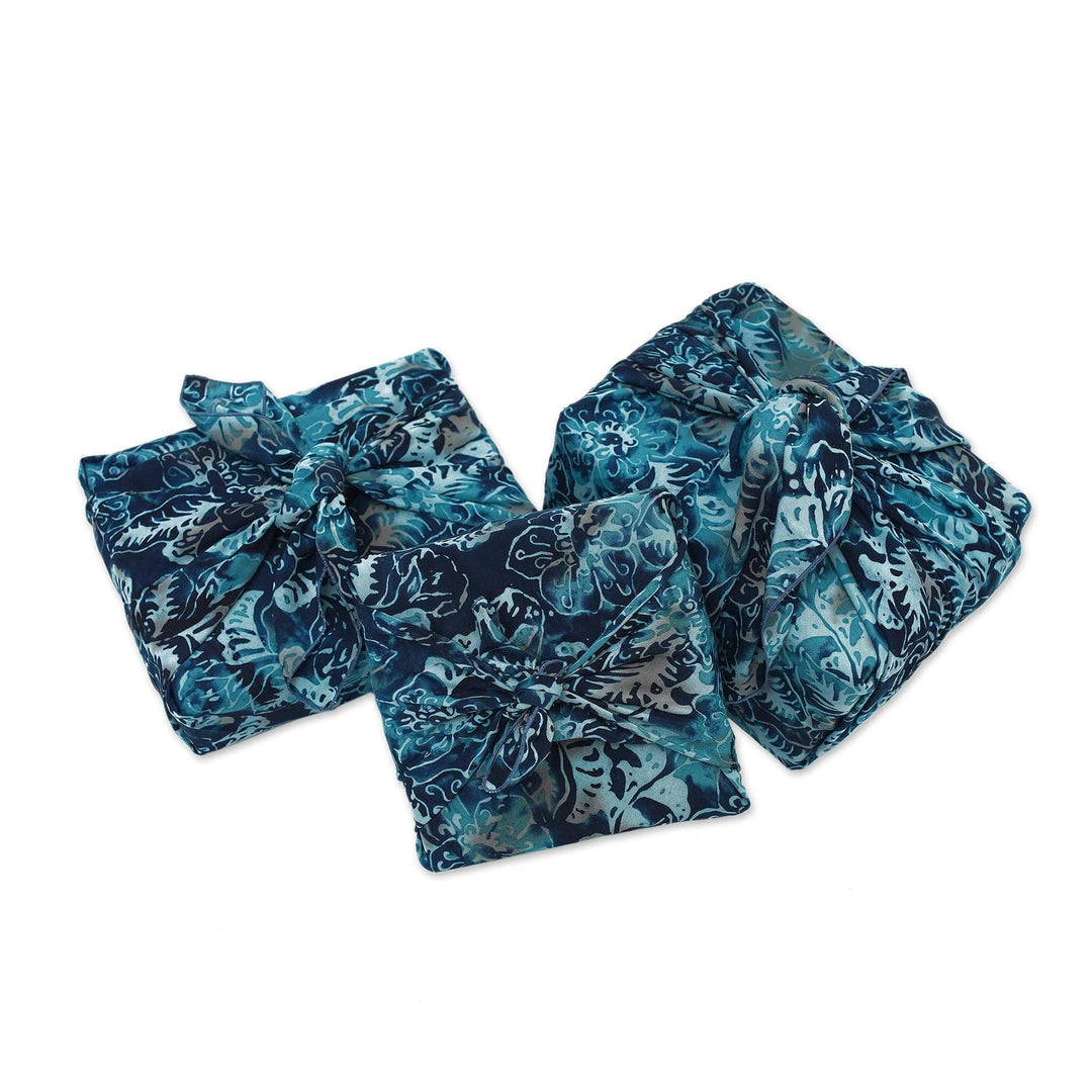 3 Upcycled Blue Leaf-Themed Batik Furoshiki-Style Gift Wraps - Blue Indigo