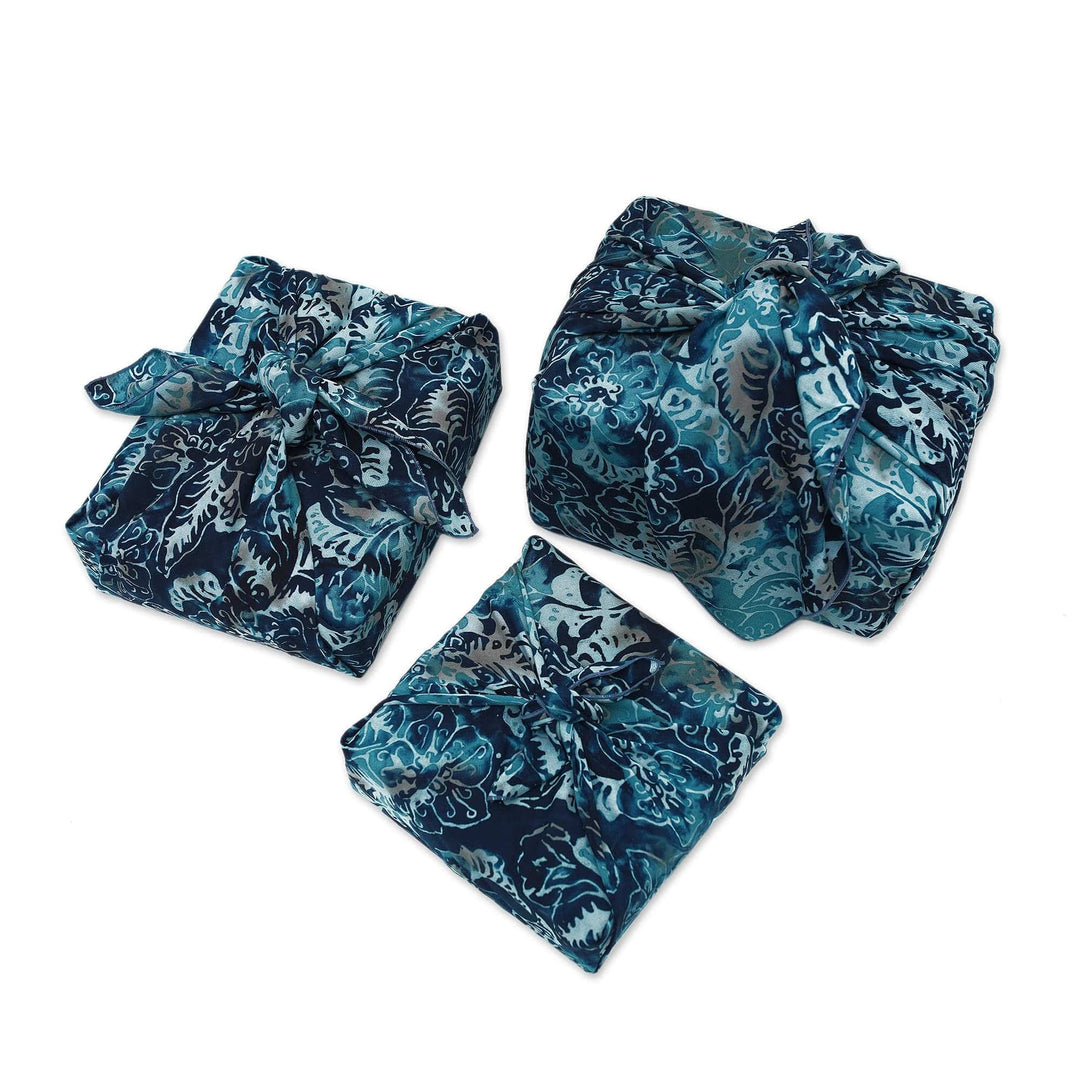 3 Upcycled Blue Leaf-Themed Batik Furoshiki-Style Gift Wraps - Blue Indigo