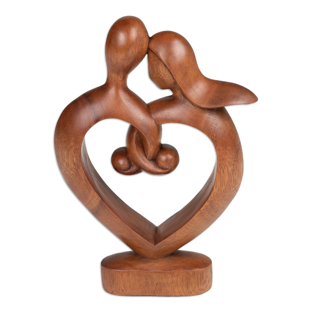 Hand-Carved Semi-Abstract Heart-Shaped Suar Wood Sculpture - Through Thick and Thin