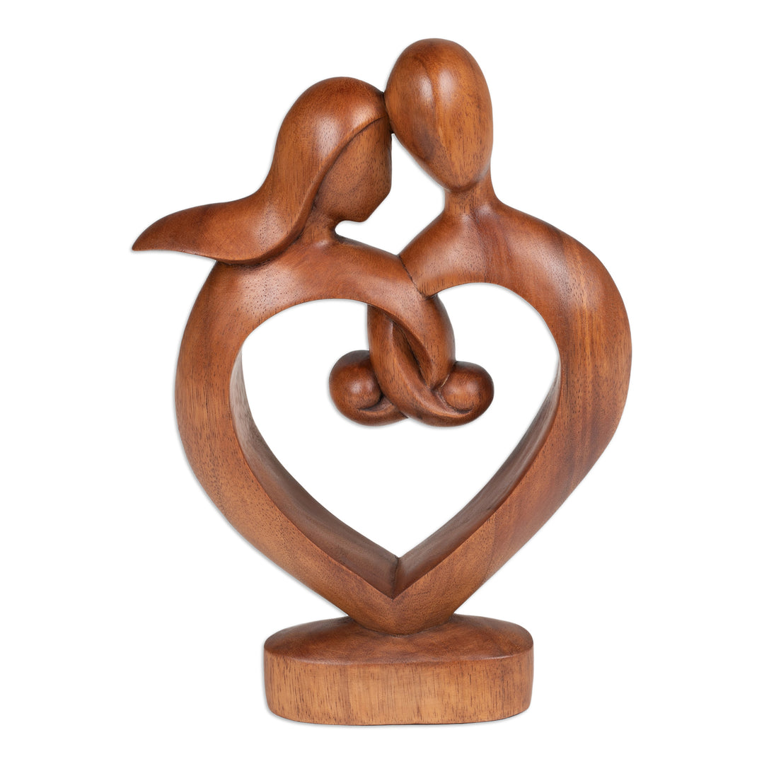 Hand-Carved Semi-Abstract Heart-Shaped Suar Wood Sculpture - Through Thick and Thin