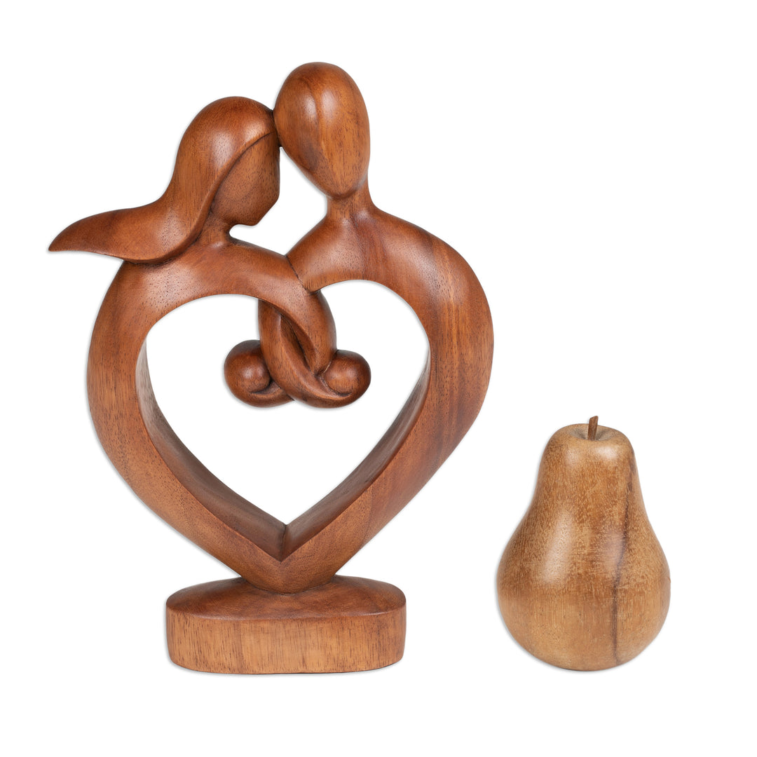 Hand-Carved Semi-Abstract Heart-Shaped Suar Wood Sculpture - Through Thick and Thin