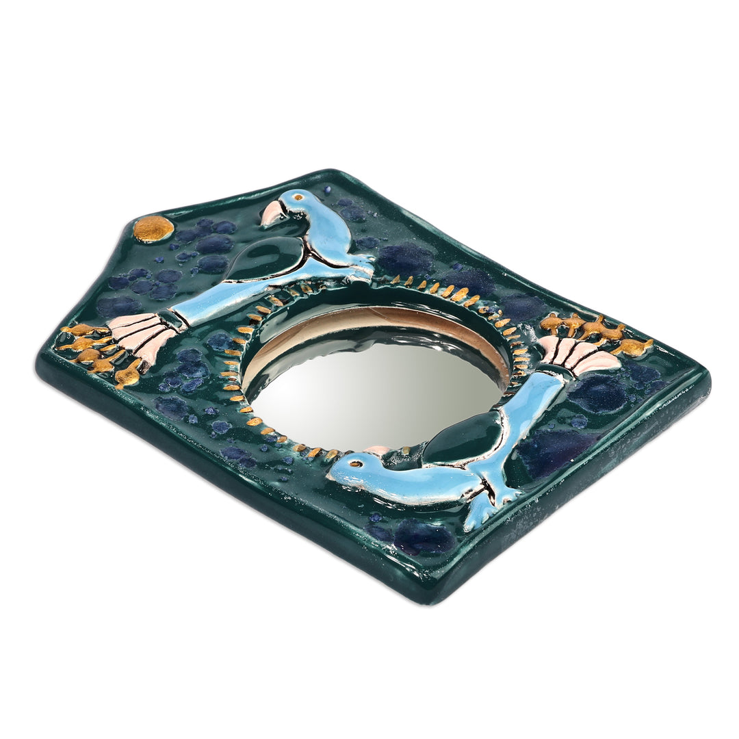 Bird-Themed Blue Ceramic Wall Accent Mirror from Armenia - Blue Wonder