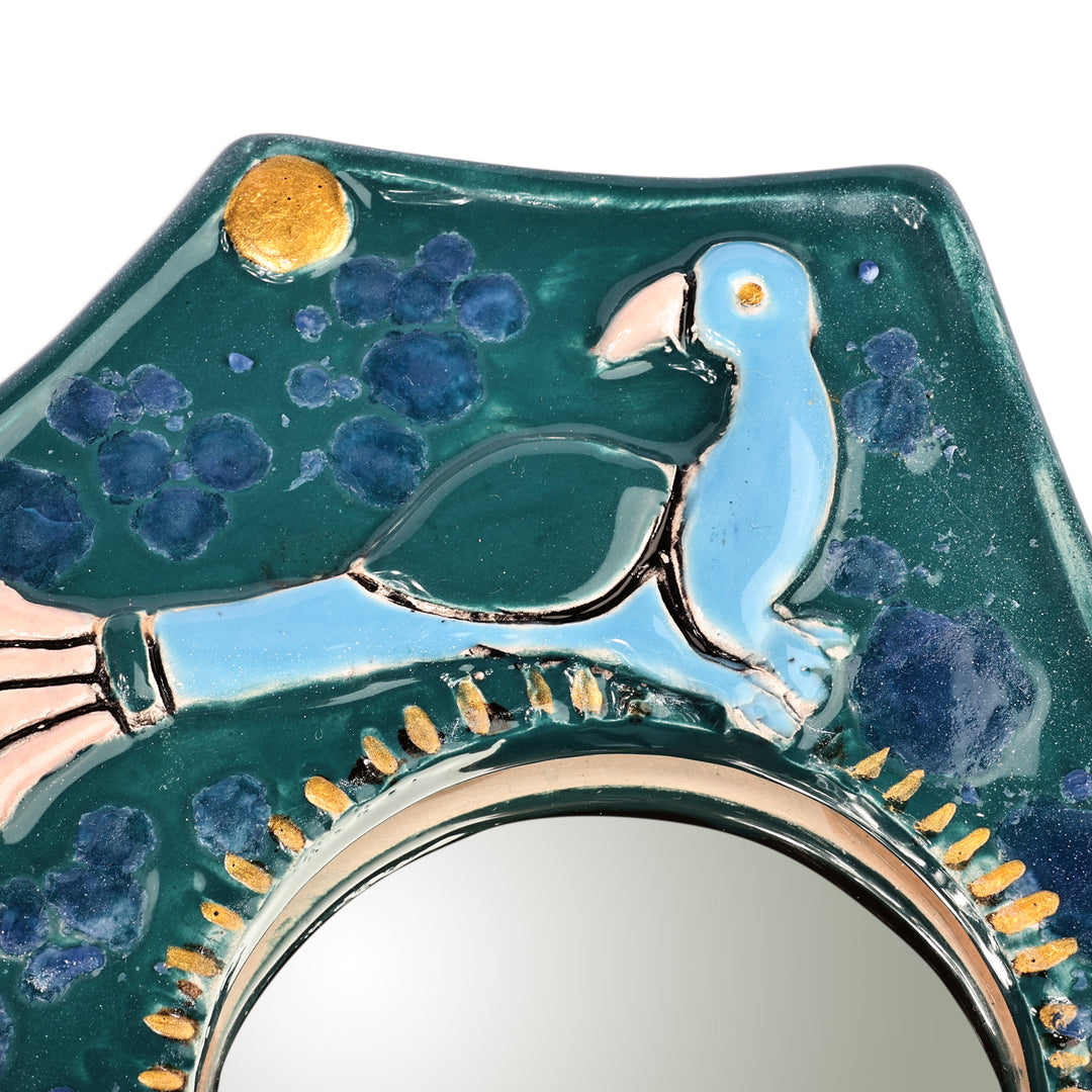 Bird-Themed Blue Ceramic Wall Accent Mirror from Armenia - Blue Wonder