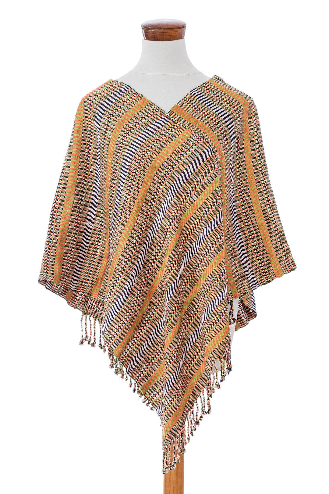 Handloomed Striped Fringed Cotton Poncho Woven in Guatemala - Path to Joy