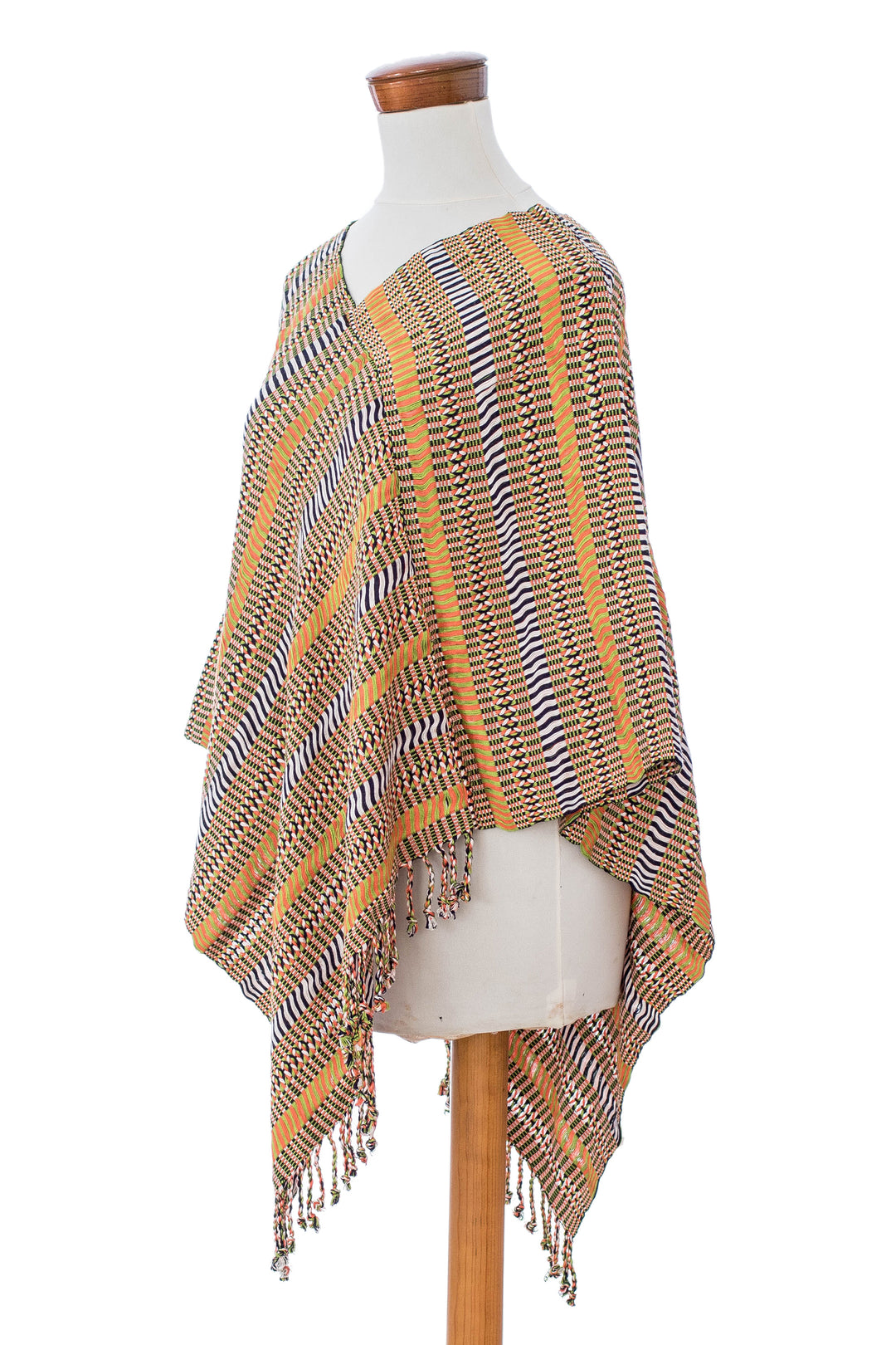 Handloomed Striped Fringed Cotton Poncho Woven in Guatemala - Path to Joy